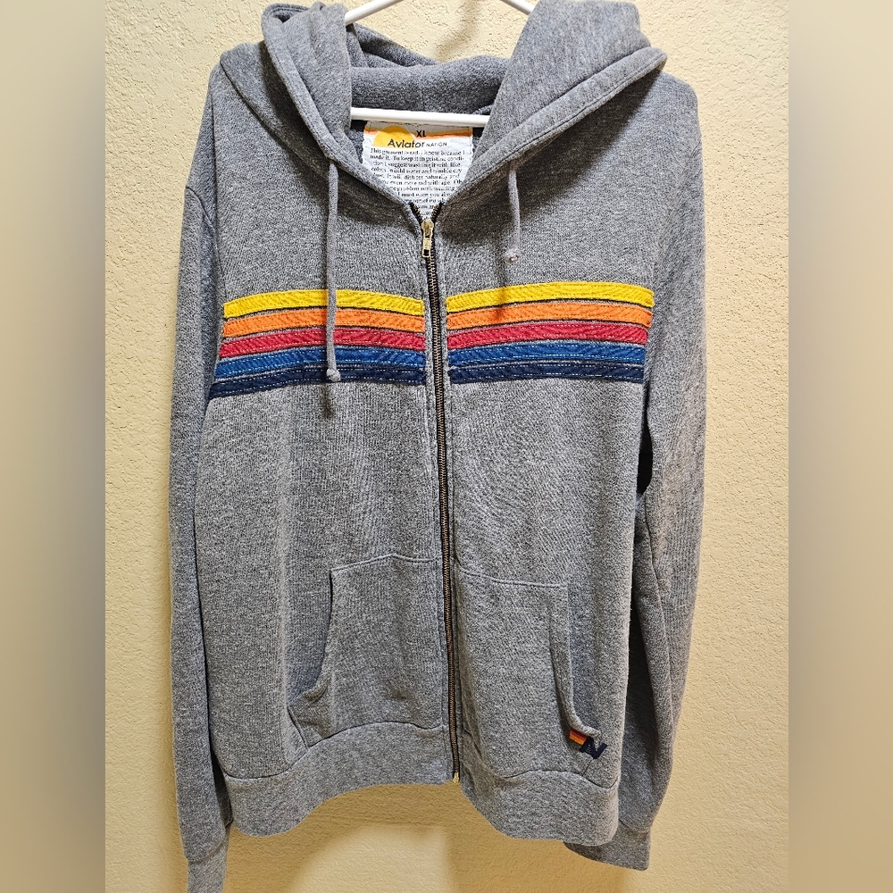 Aviator Nation Gray Zip-Up Sweater with Colorful Stripes